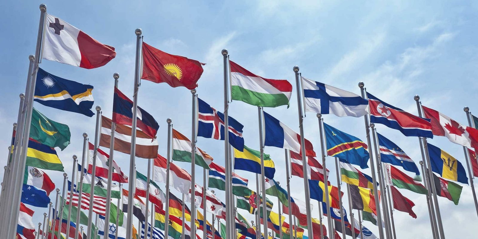 The flag of each country blowing in the wind.