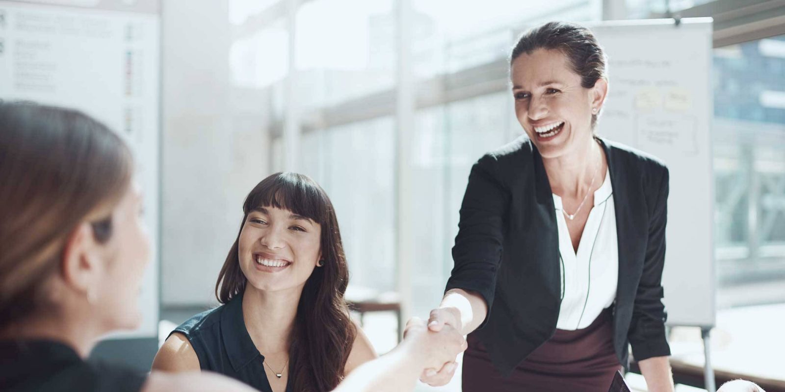 Business women shaking hands before meeting.